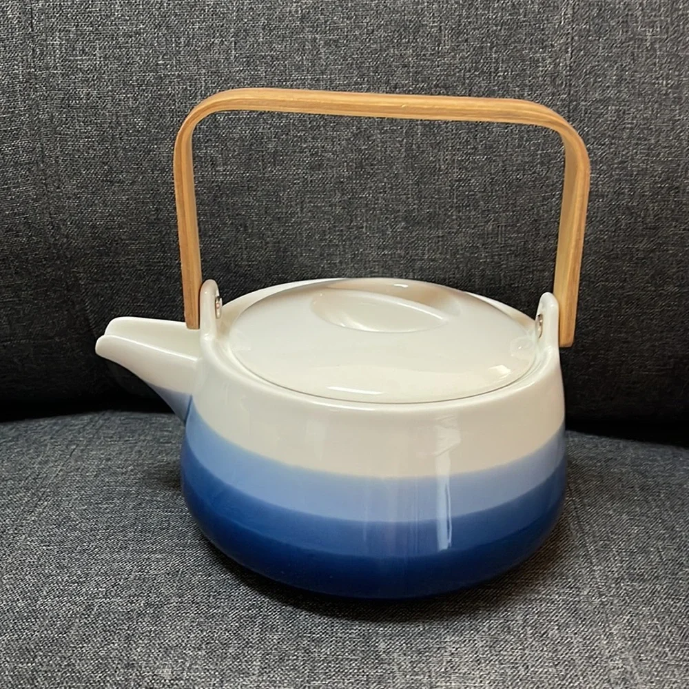 Crate & Barrel Blue Stripped Teapot and Cups Set